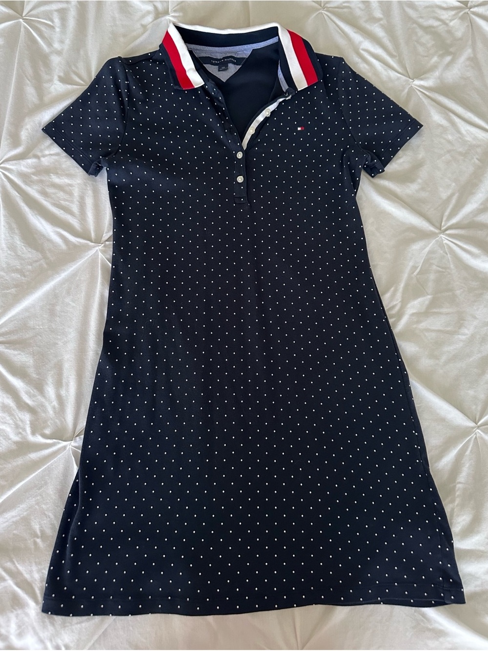 Tommy Hilfiger Navy Dress with White Polka Dots and Red-Trim Collar
